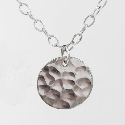 Sterling Ball Pein Textured Mini Flat Circle Disc Necklace