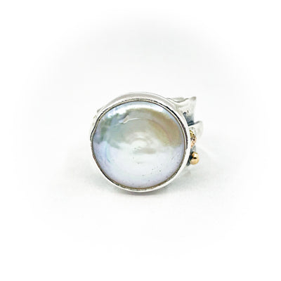 size 7.5 Sterling, 14k, 22k Deckled Edge Coin Pearl Ring by Judie Raiford