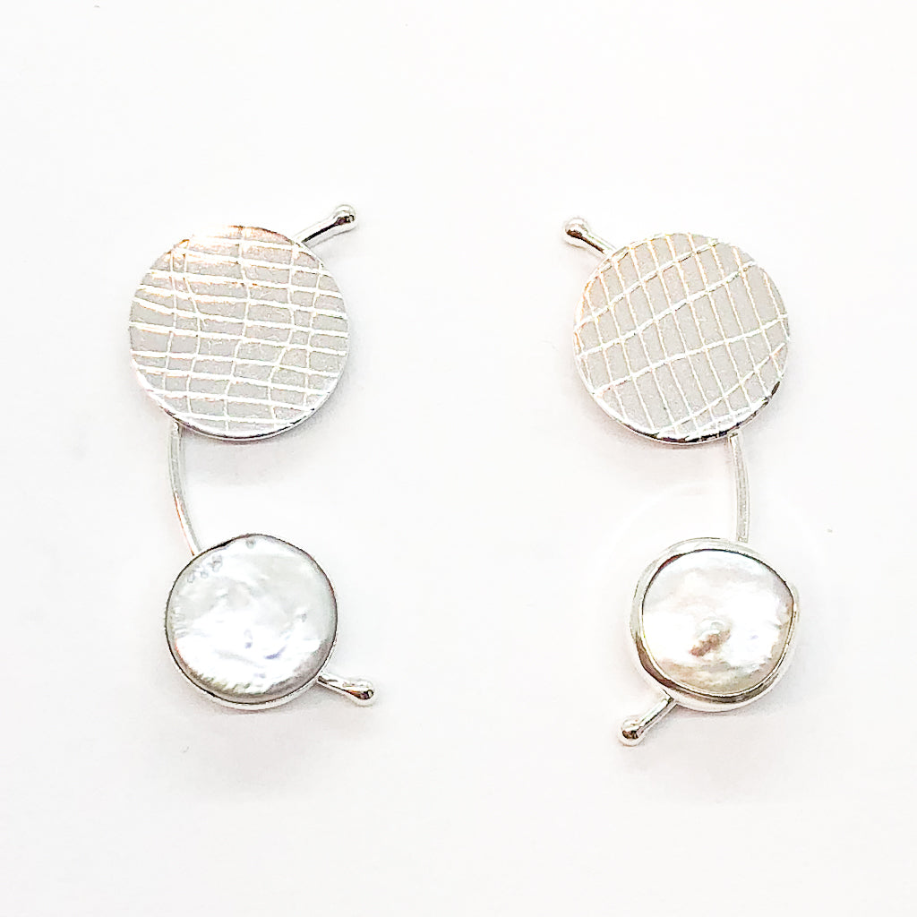 Sterling Silver Comet Earrings with White Coin Pearl by Judie Raiford