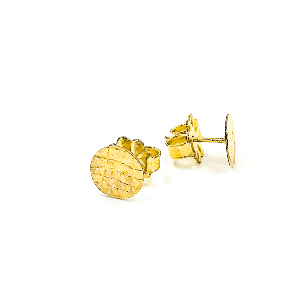 side angle view of 14k Gold Filled Gauze Textured Circle Stud Earrings by Judie Raiford