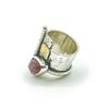 left side view of size 6 Sterling and 22k Gold Deckled Edge Bar Ring with Pink Tourmaline by Judie Raiford