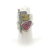 size 6 Sterling and 22k Gold Deckled Edge Bar Ring with Pink Tourmaline by Judie Raiford displayed on white ring display stand