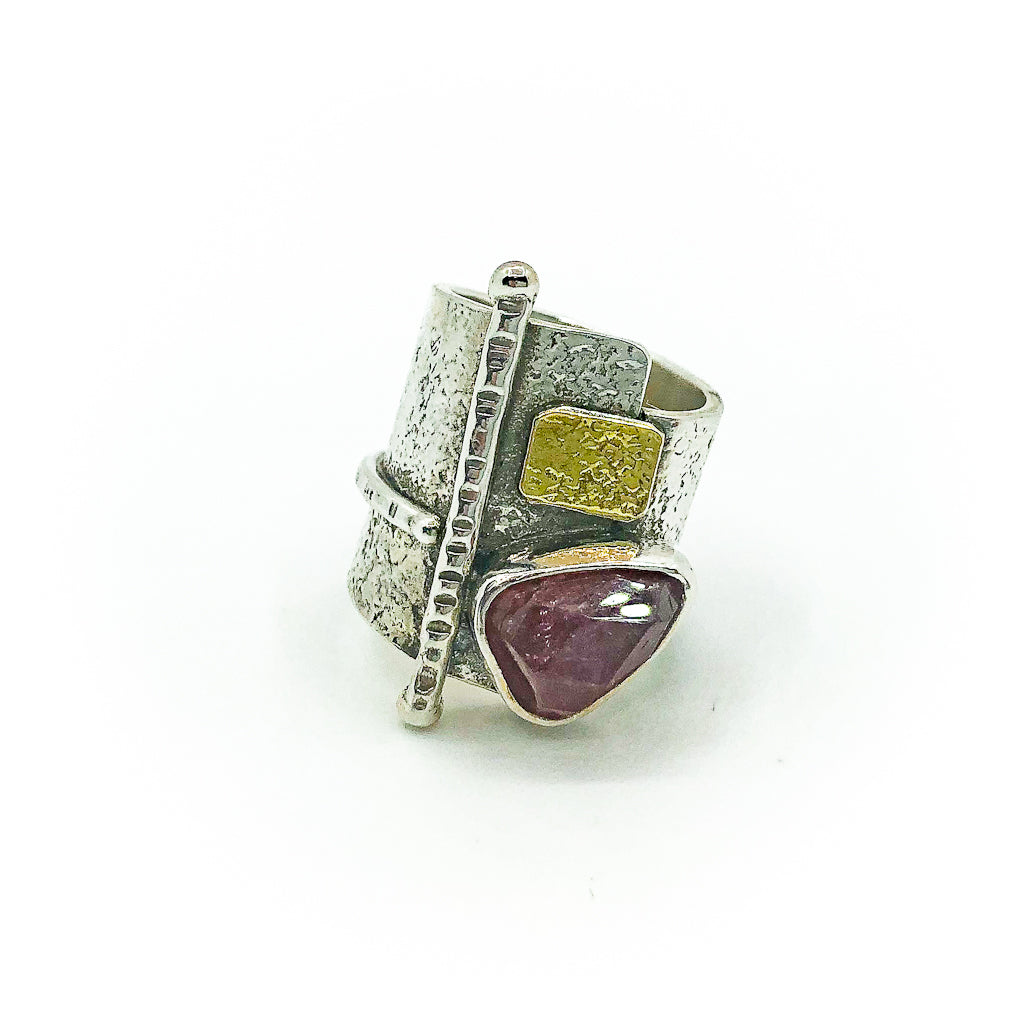 size 6 Sterling and 22k Gold Deckled Edge Bar Ring with Pink Tourmaline by Judie Raiford
