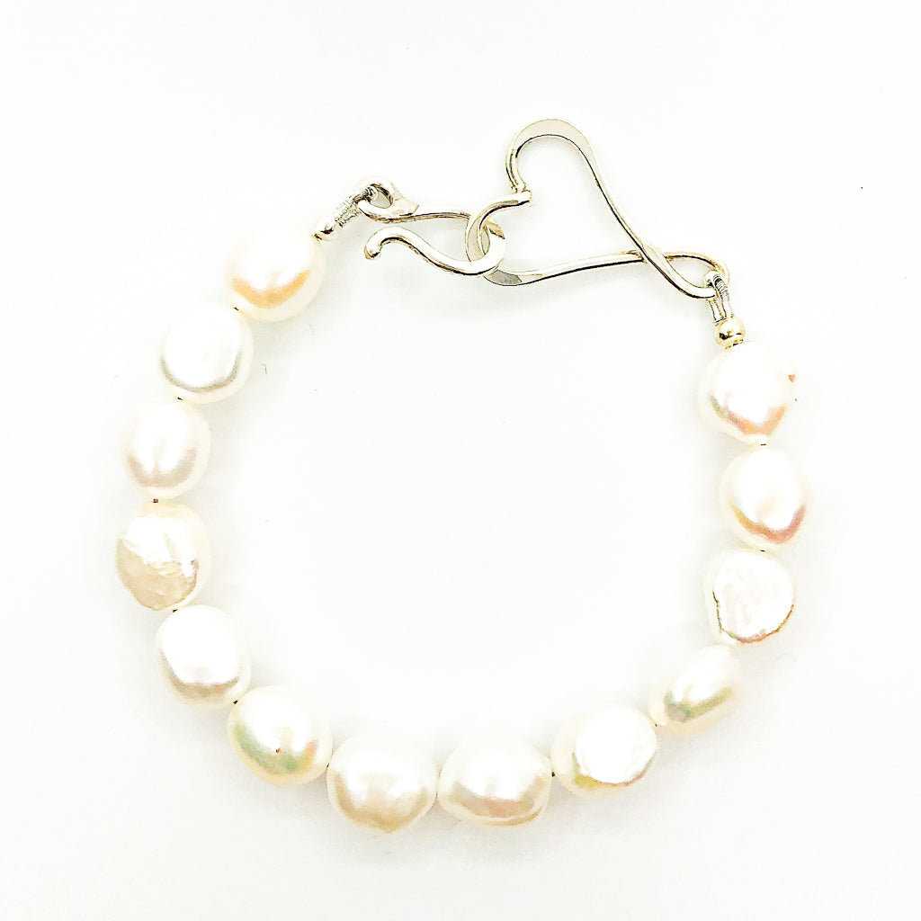 Sterling White Small Baroque Pearl Bracelet with Heart Clasp by Judie Raiford