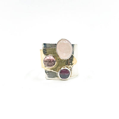 size 9.5 Sterling & 24k Crotch Hugger Ring with Pink Quartz, Pink Tourmaline, and Garnet by Judie Raiford