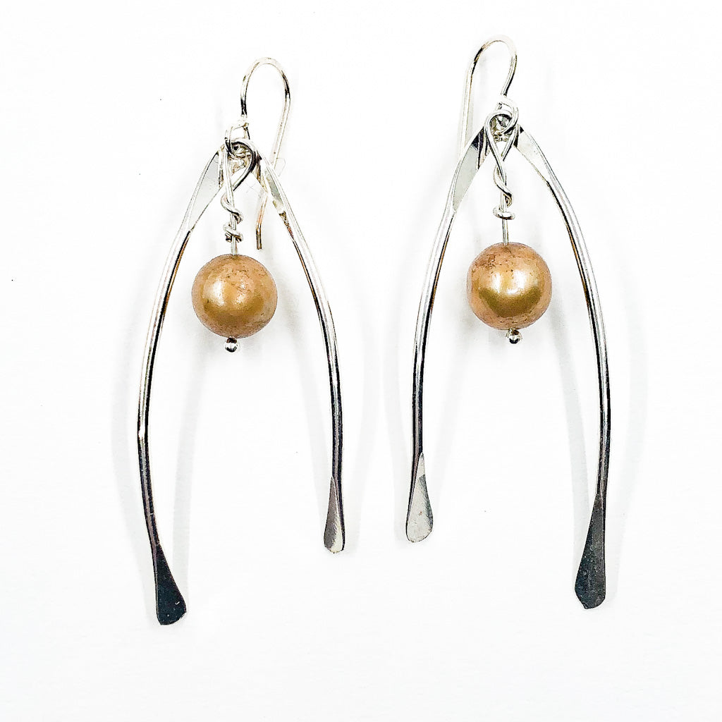 Sterling Wishbone Earrings with Champagne Pearls by Judie Raiford
