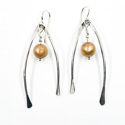 Sterling Wishbone Earrings with Champagne Pearls by Judie Raiford