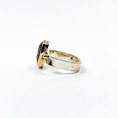 left side view of size 8 Sterling and 14k Rose Cut Tourmalated Quartz Ring with Diamond by Judie Raiford