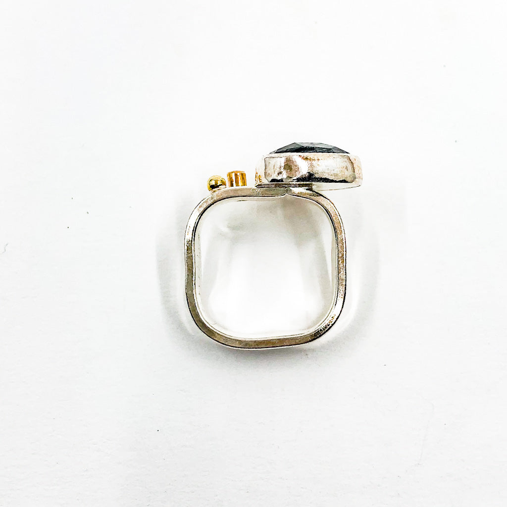 over top view of size 8 Sterling and 14k Rose Cut Tourmalated Quartz Ring with Diamond by Judie Raiford