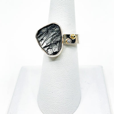 size 8 Sterling and 14k Rose Cut Tourmalated Quartz Ring with Diamond by Judie Raiford on white ring display stand