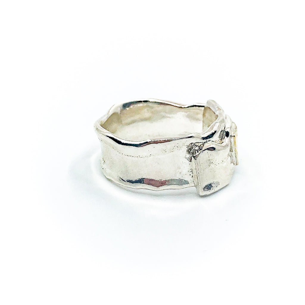 right side view of size 10.5 Men's Sterling and 22k Anticlastic Deckled Band Ring by Judie Raiford