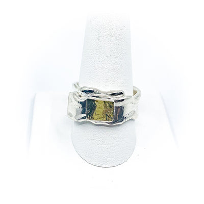 size 10.5 Men's Sterling and 22k Anticlastic Deckled Band Ring by Judie Raiford on white ring display stand