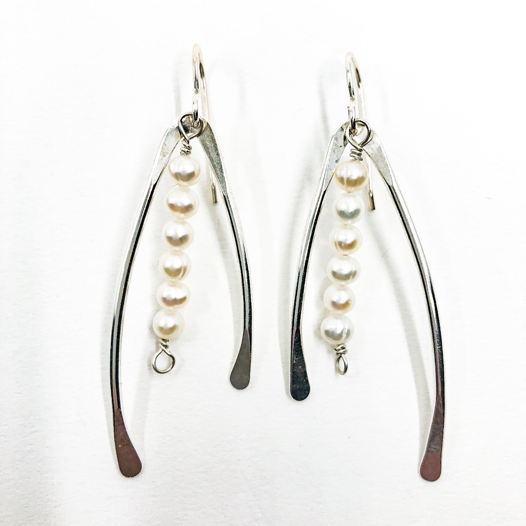 Sterling Wishbone Earrings with White Pearls by Judie Raiford