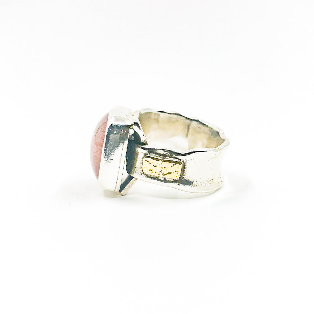 left side view of size 8.5 Sterling & 24k Pink Tourmaline and Rhodolite Garnet Ring by Judie Raiford