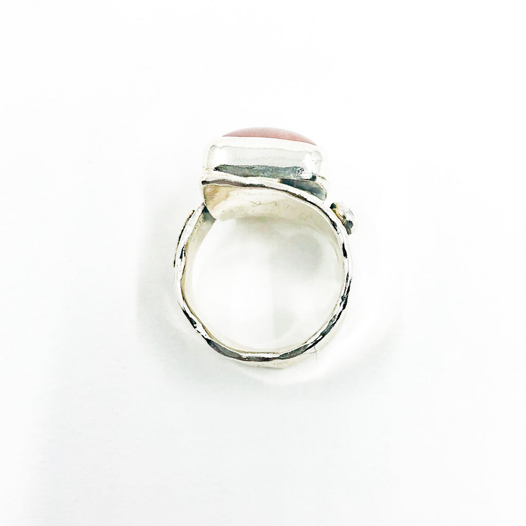 over top view of size 8.5 Sterling & 24k Pink Tourmaline and Rhodolite Garnet Ring by Judie Raiford