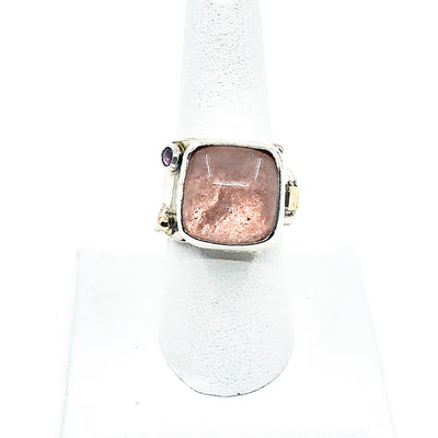 size 8.5 Sterling & 24k Pink Tourmaline and Rhodolite Garnet Ring by Judie Raiford on white ring display stand