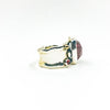left side view of size 8.5 Sterling & 24k Strawberry Quartz Ring with Rose Cut Tourmaline by Judie Raiford