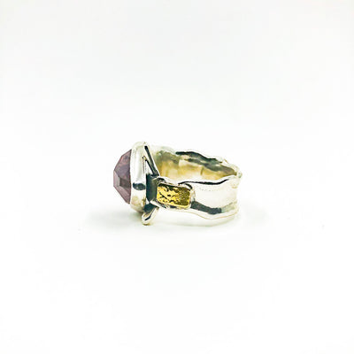 right side view of size 8.5 Sterling & 24k Strawberry Quartz Ring with Rose Cut Tourmaline by Judie Raiford