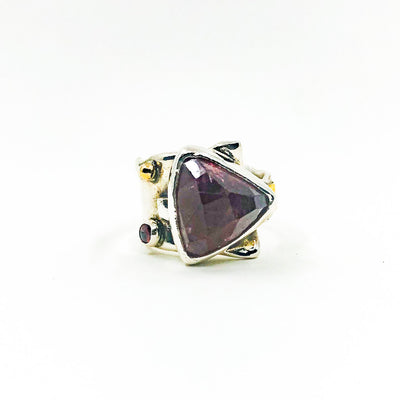 size 8.5 Sterling & 24k Strawberry Quartz Ring with Rose Cut Tourmaline by Judie Raiford