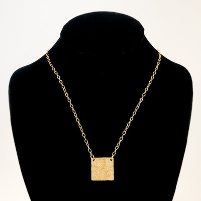 14k Gold Filled Mom's Hammer Square Necklace by Judie Raiford displayed on black mannequin bust