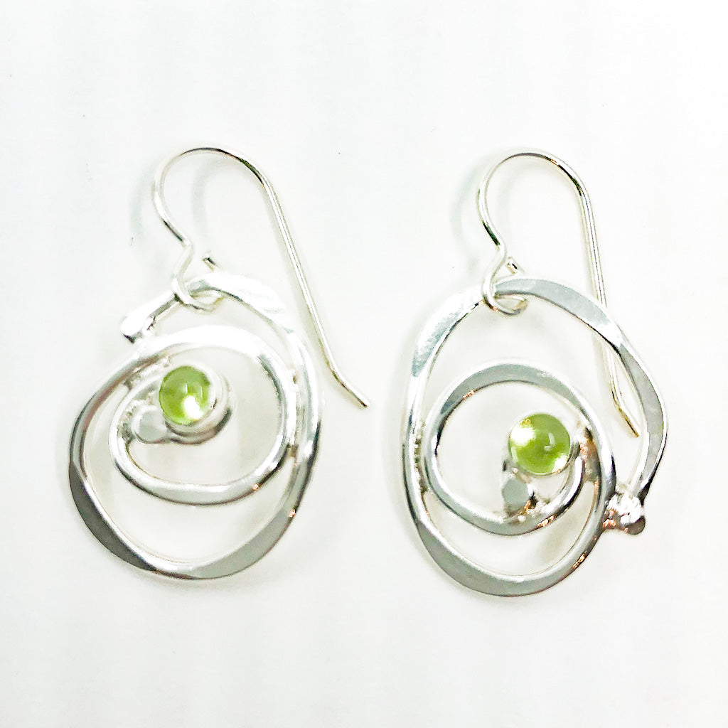 Sterling Mini Spiral Earrings on French hook with Peridot by Judie Raiford