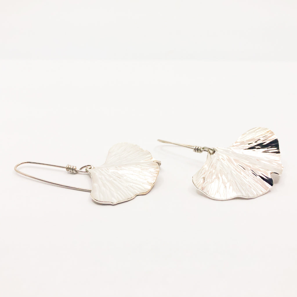 side angle view of Large Sterling Ginkgo Earrings by Judie Raiford
