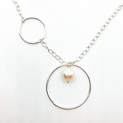Long Circle Lariat Necklace with White Pearl