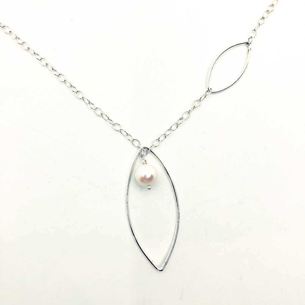 pendant detail of Long Leaf Lariat Necklace with White Pearl by Judie Raiford