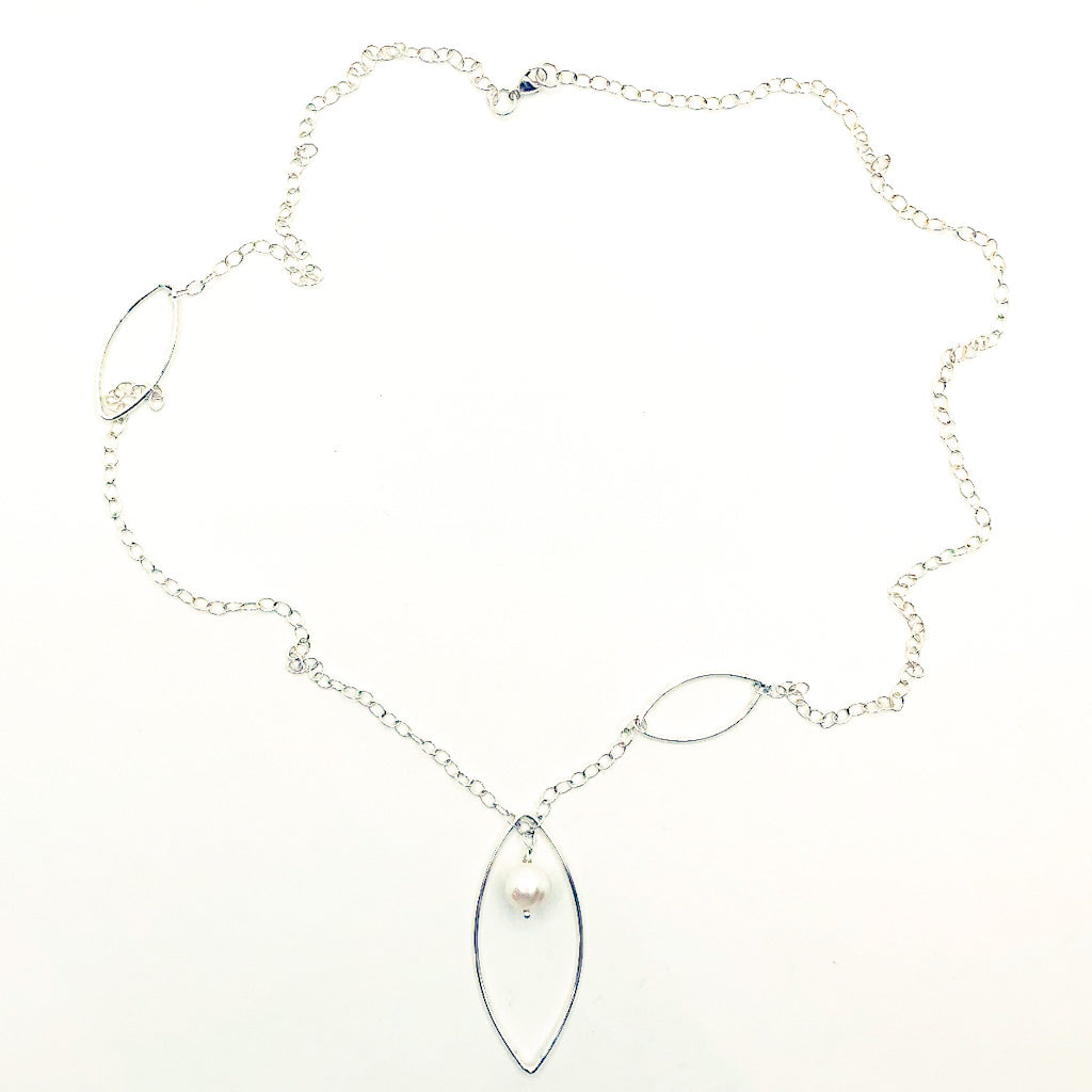 Long Leaf Lariat Necklace with White Pearl by Judie Raiiford