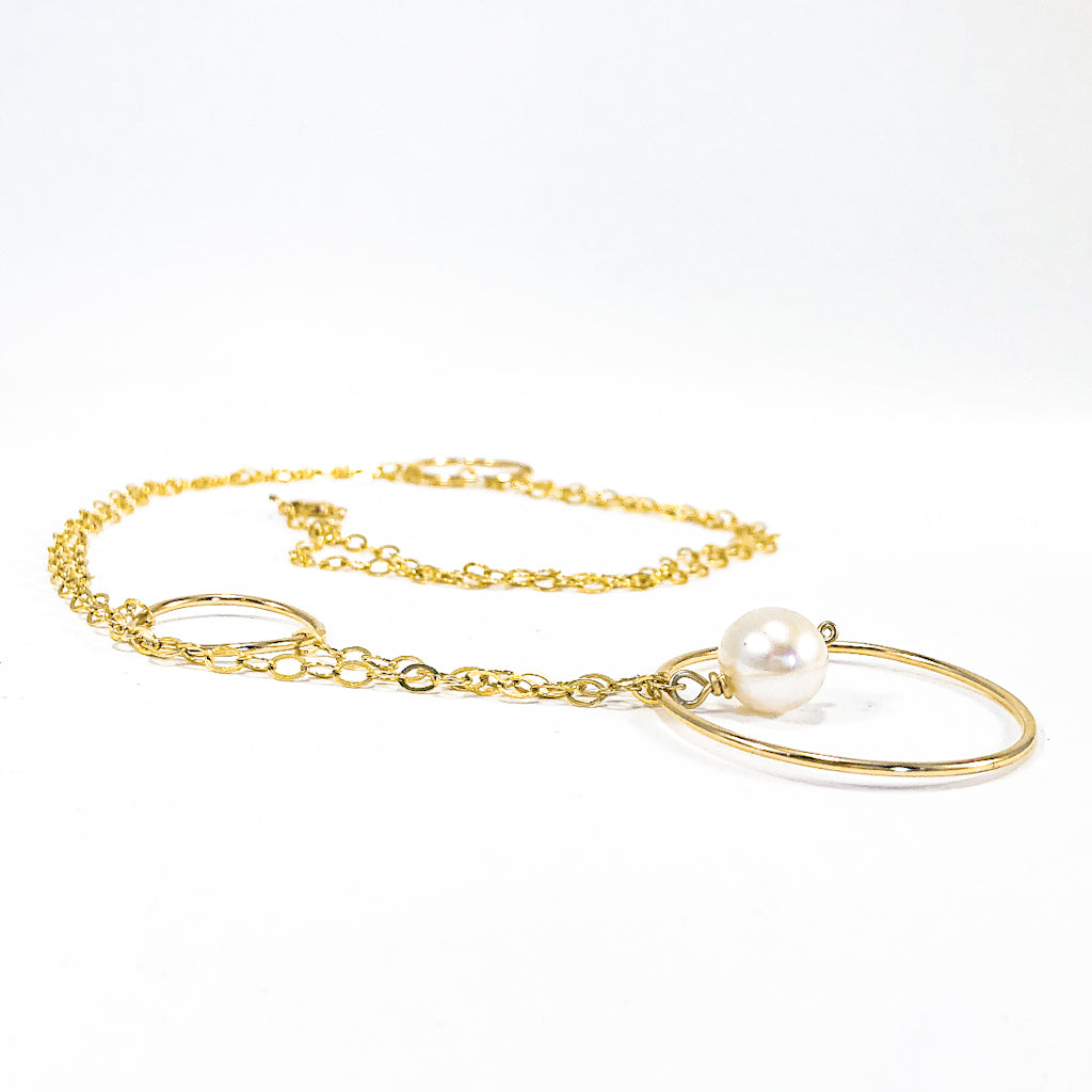 Long Circle Lariat Necklace with White Pearl