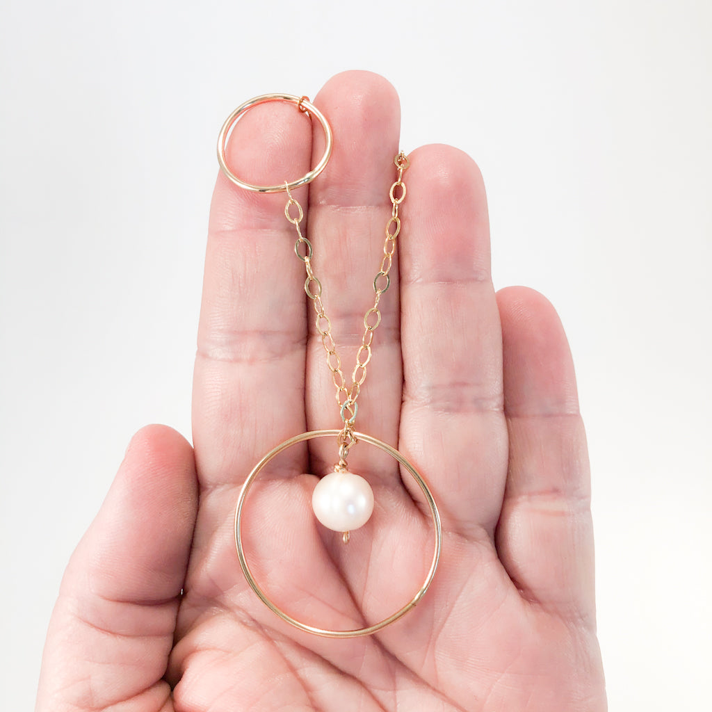 Long Circle Lariat Necklace with White Pearl