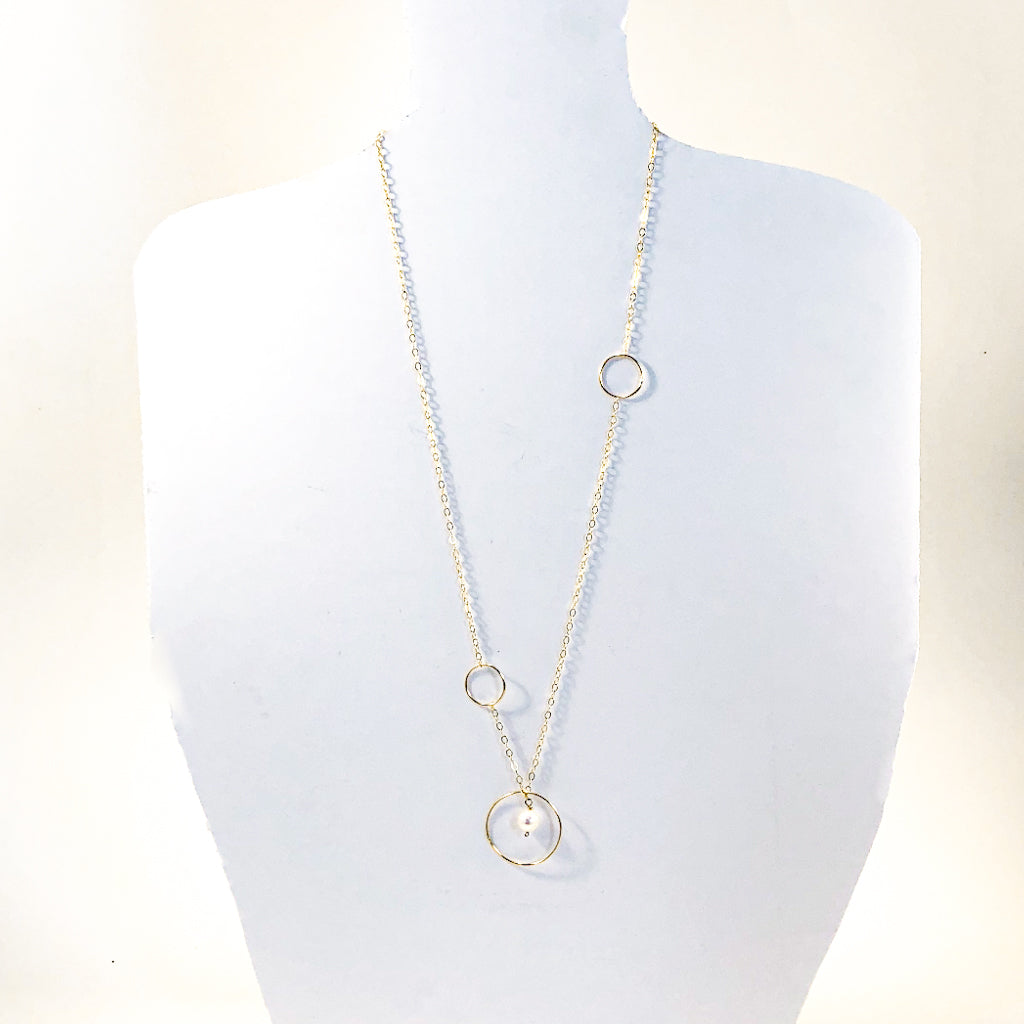 Long Circle Lariat Necklace with White Pearl