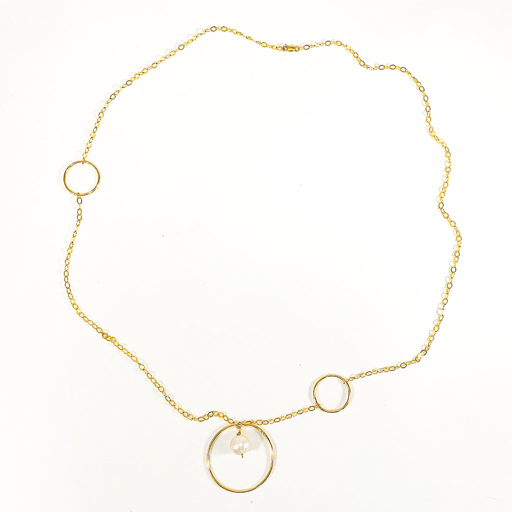 Long Circle Lariat Necklace with White Pearl