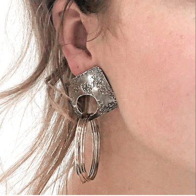 model wearing Oxidized Sterling Square Top Slinky Post Earrings by Judie Raiford