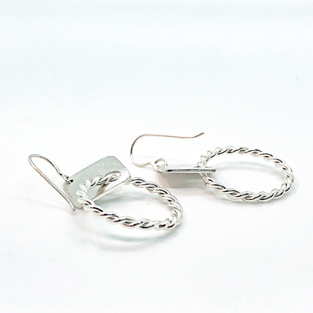 back angle view of sterling silver Boiler Twister Hoop Earrings by Judie Raiford