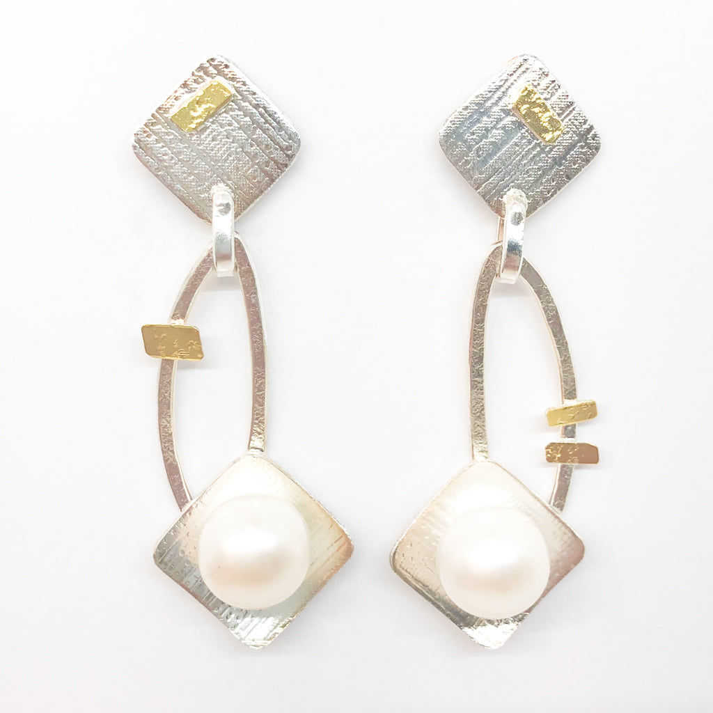 Sterling and 24k Square Tip Big White Pearl Earrings by Judie Raiford