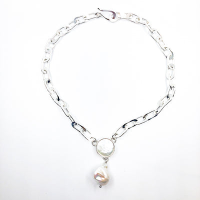 Sterling Irina Necklace with white coin pearl and white baroque pearl by Judie Raiford