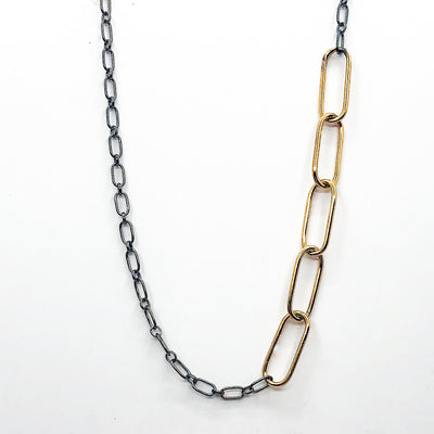 detail view of 30" 14k Gold Filled Oval Links on Oxidized Sterling Chain Necklace by Judie Raiford