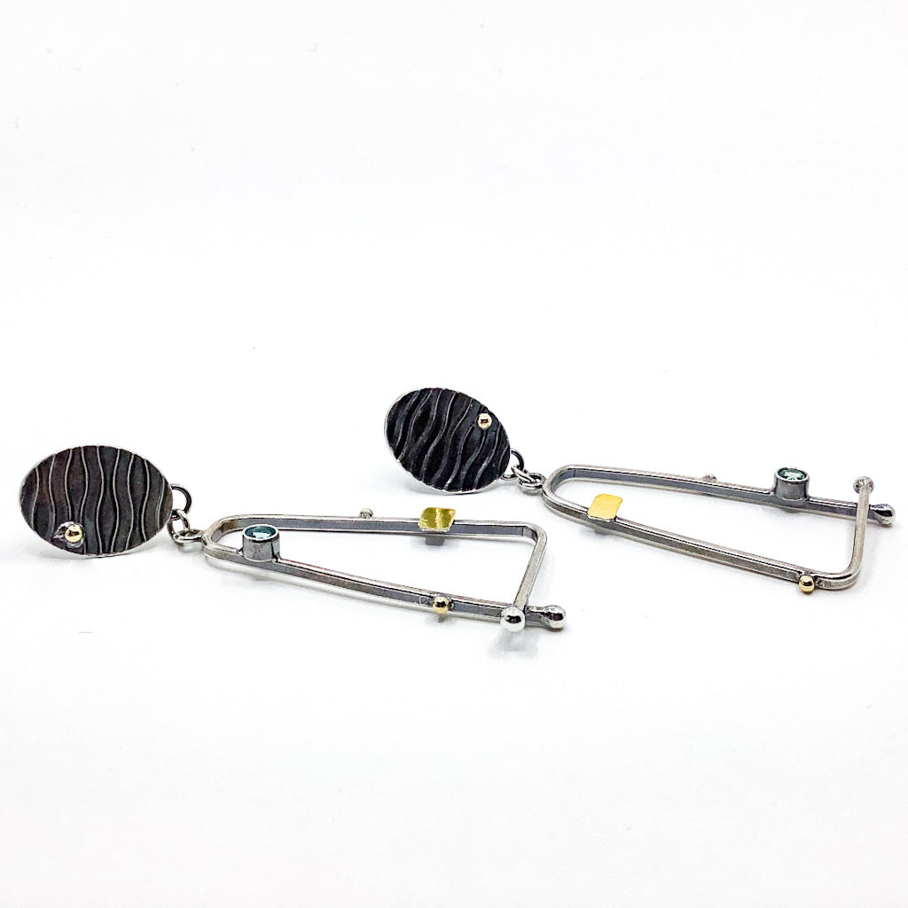 side angle view of Sterling, 22k, 14k Four Score Earrings with Apatite by Judie Raiford