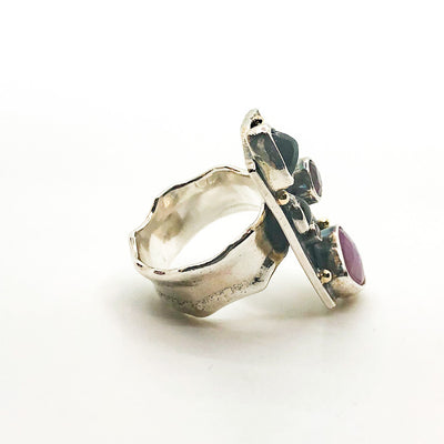 right side view of Silver Platter Ring with 14k, Ruby, Garnet and Zircon by Judie Raiford