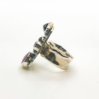 left side view of Silver Platter Ring with 14k, Ruby, Garnet and Zircon by Judie Raiford