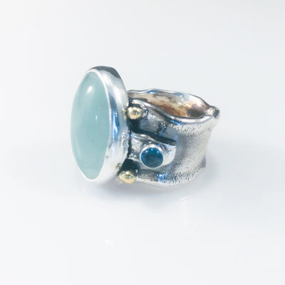 Sterling and 24k Gold Ring with Aquamarine, Blue Topaz and deckled edge