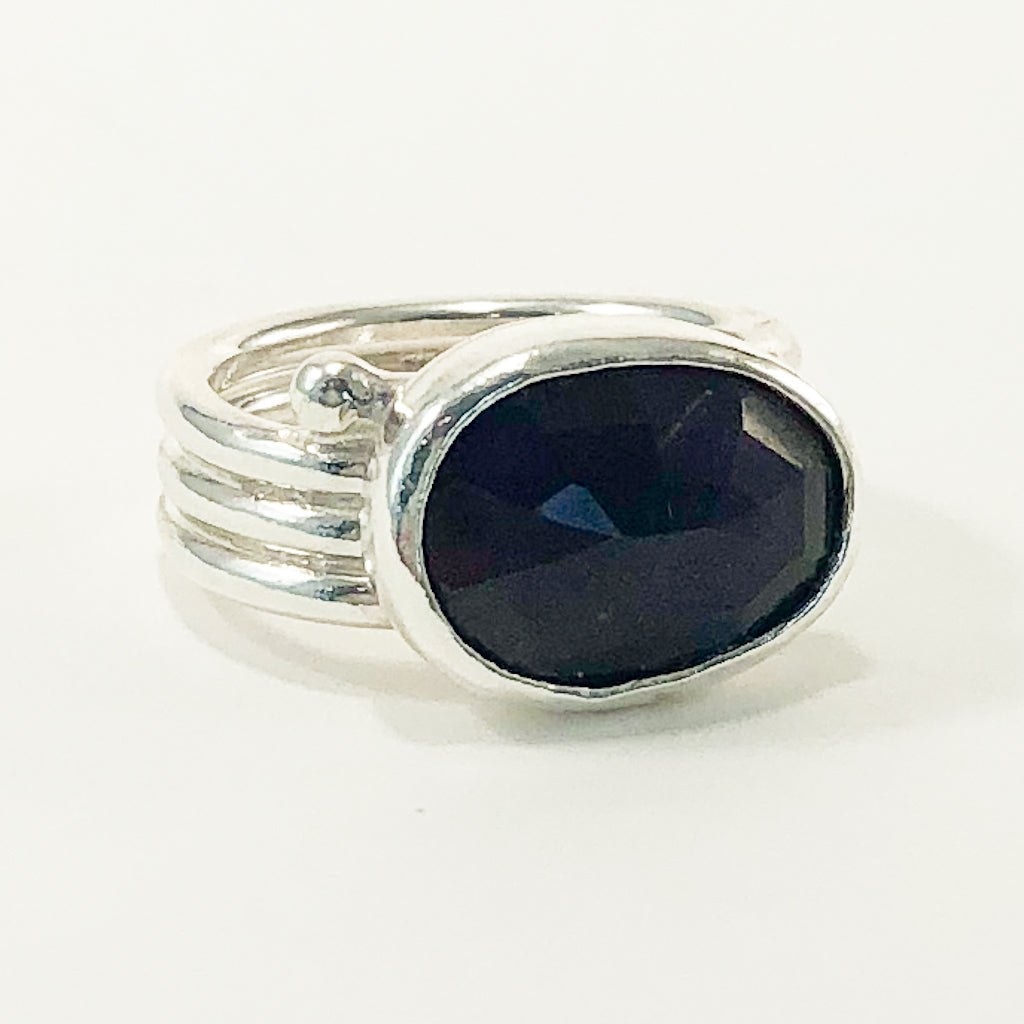 Sterling Solid Wrap Ring with Rose cut Dark Amethyst