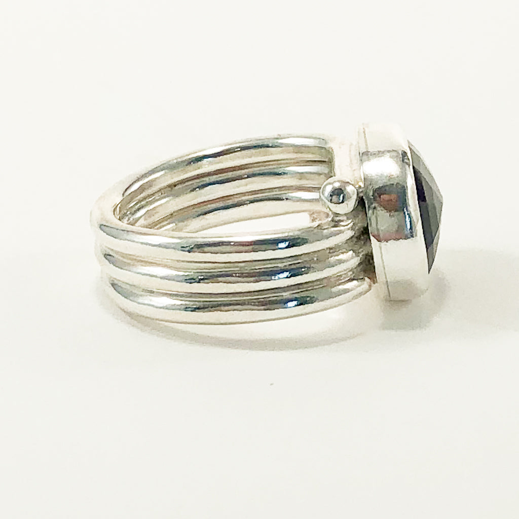 Sterling Solid Wrap Ring with Rose cut Dark Amethyst
