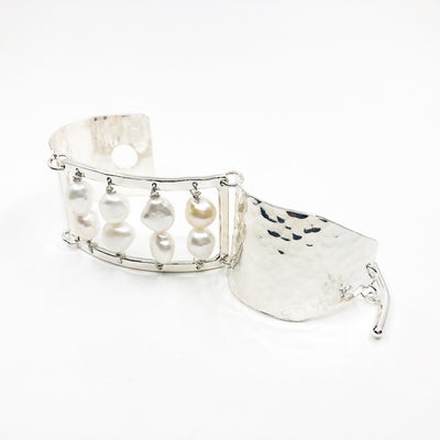 side angle view of Sterling Sue Pearl Bracelet by Judie Raiford