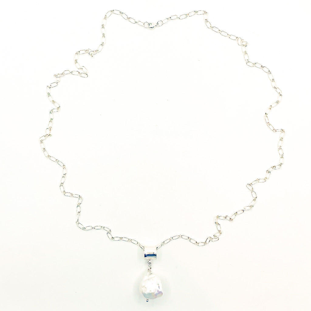 White Baroque Pearl on Sterling Long Short Chain by Judie Raiford