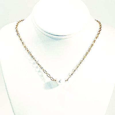 Single White Pearl on 14k Gold Filled Long Short Chain by Judie Raiford on white mannequin display bust