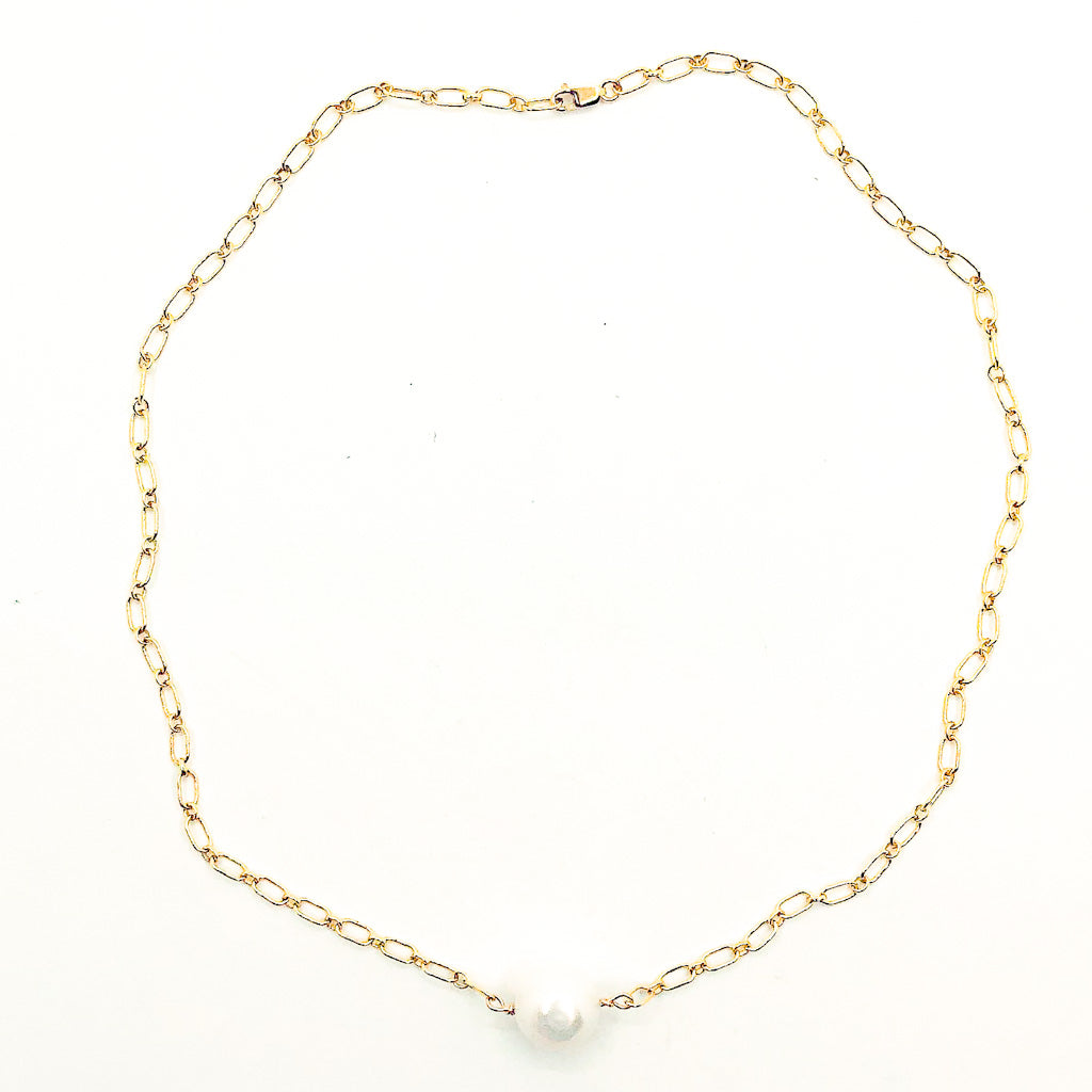 Single White Pearl on 14k Gold Filled Long Short Chain by Judie Raiford