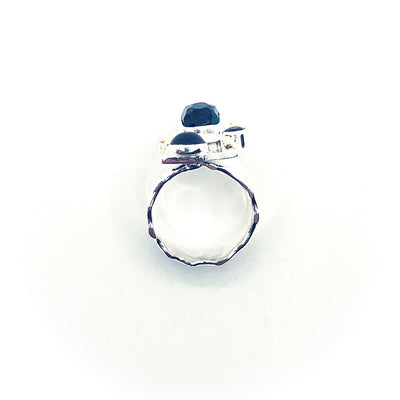 over top view of size 7.5 Sterling Silver Half Platter Ring with 14k and Blue Green Tourmaline by Judie Raiford