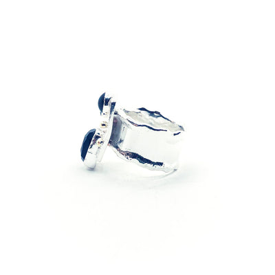 left side view of size 7.5 Sterling Silver Half Platter Ring with 14k and Blue Green Tourmaline by Judie Raiford